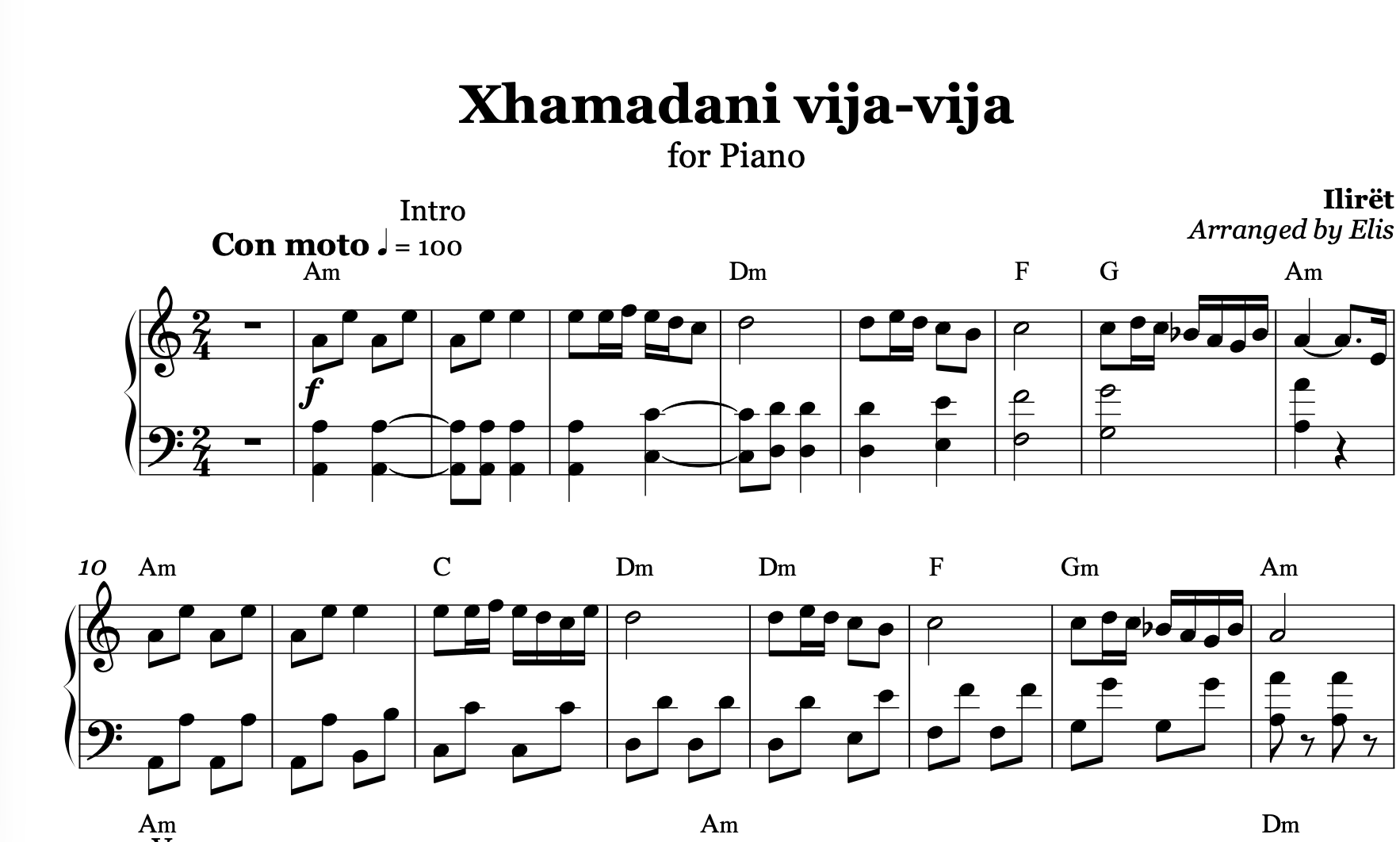 Xhamadani vija - vija, Piano sheet + Chords - Alb Music Notes