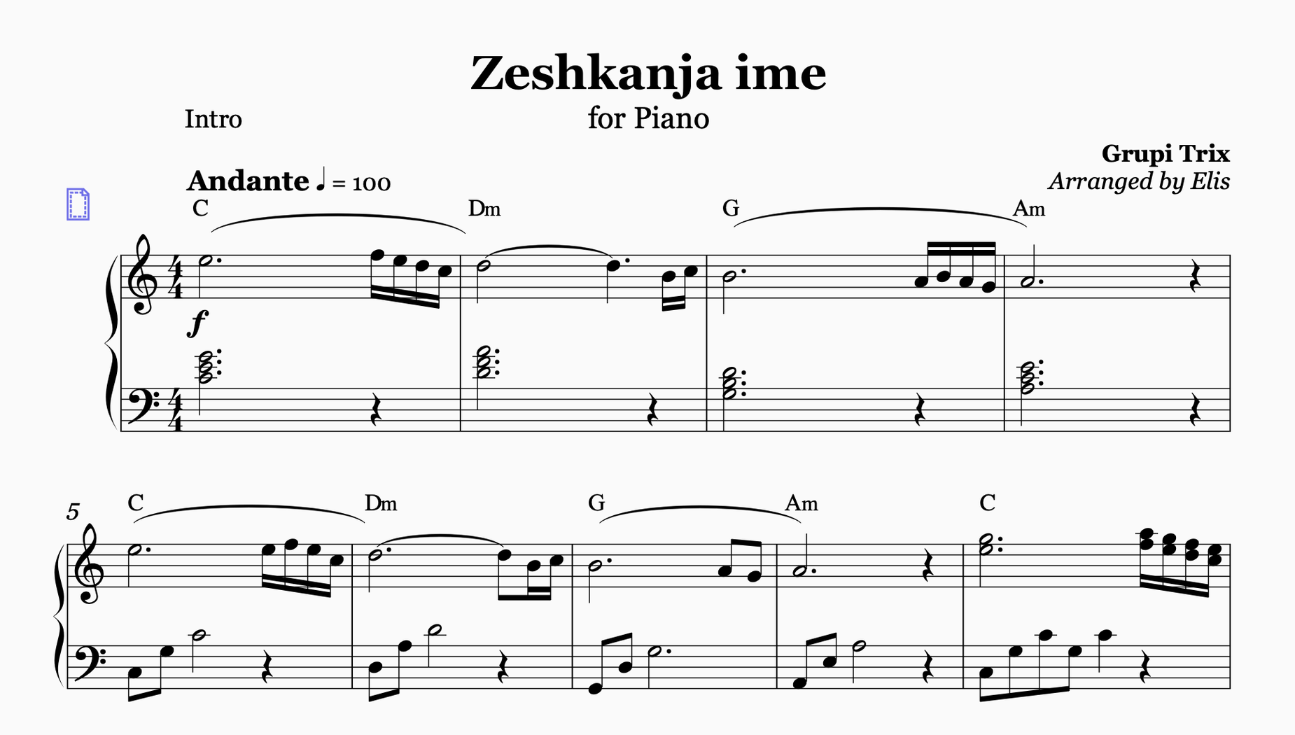 Zeshkanja ime, Piano Sheet Music and Chords - Alb Music Notes