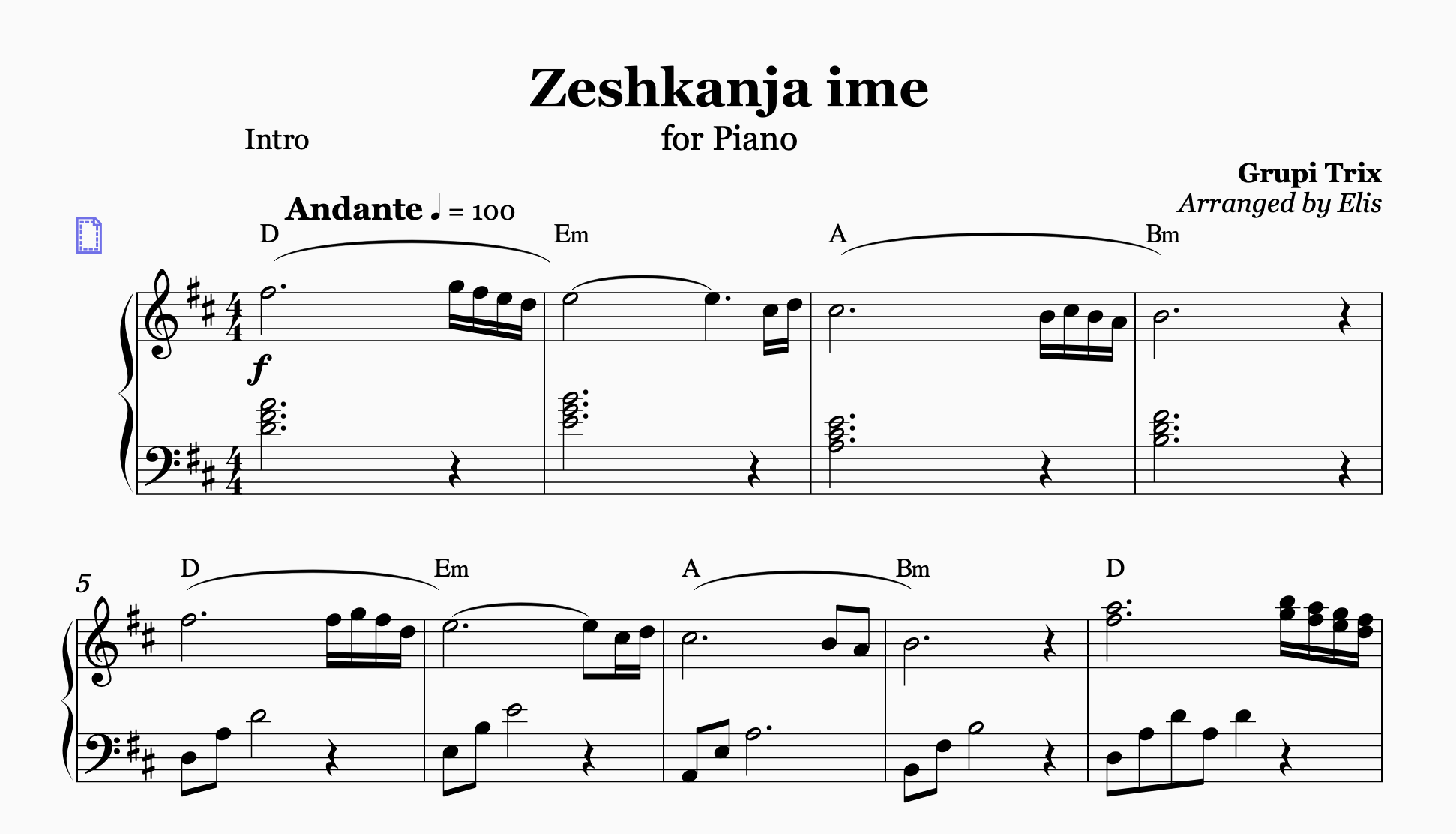 Zeshkanja ime, Piano Sheet Music and Chords - Alb Music Notes