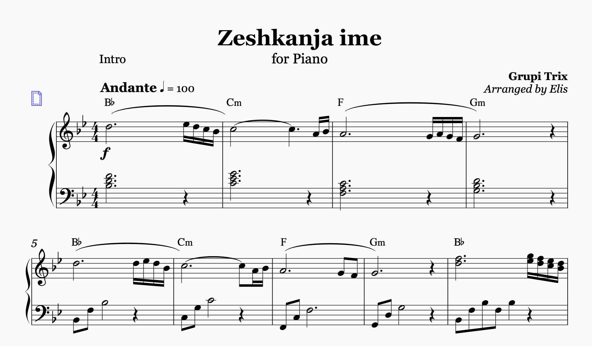 Zeshkanja ime, Piano Sheet Music and Chords - Alb Music Notes