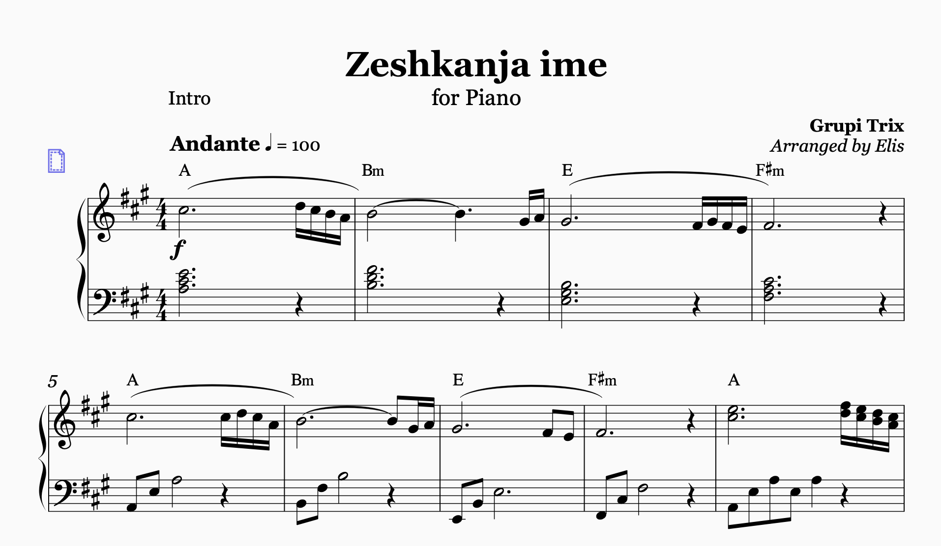 Zeshkanja ime, Piano Sheet Music and Chords - Alb Music Notes