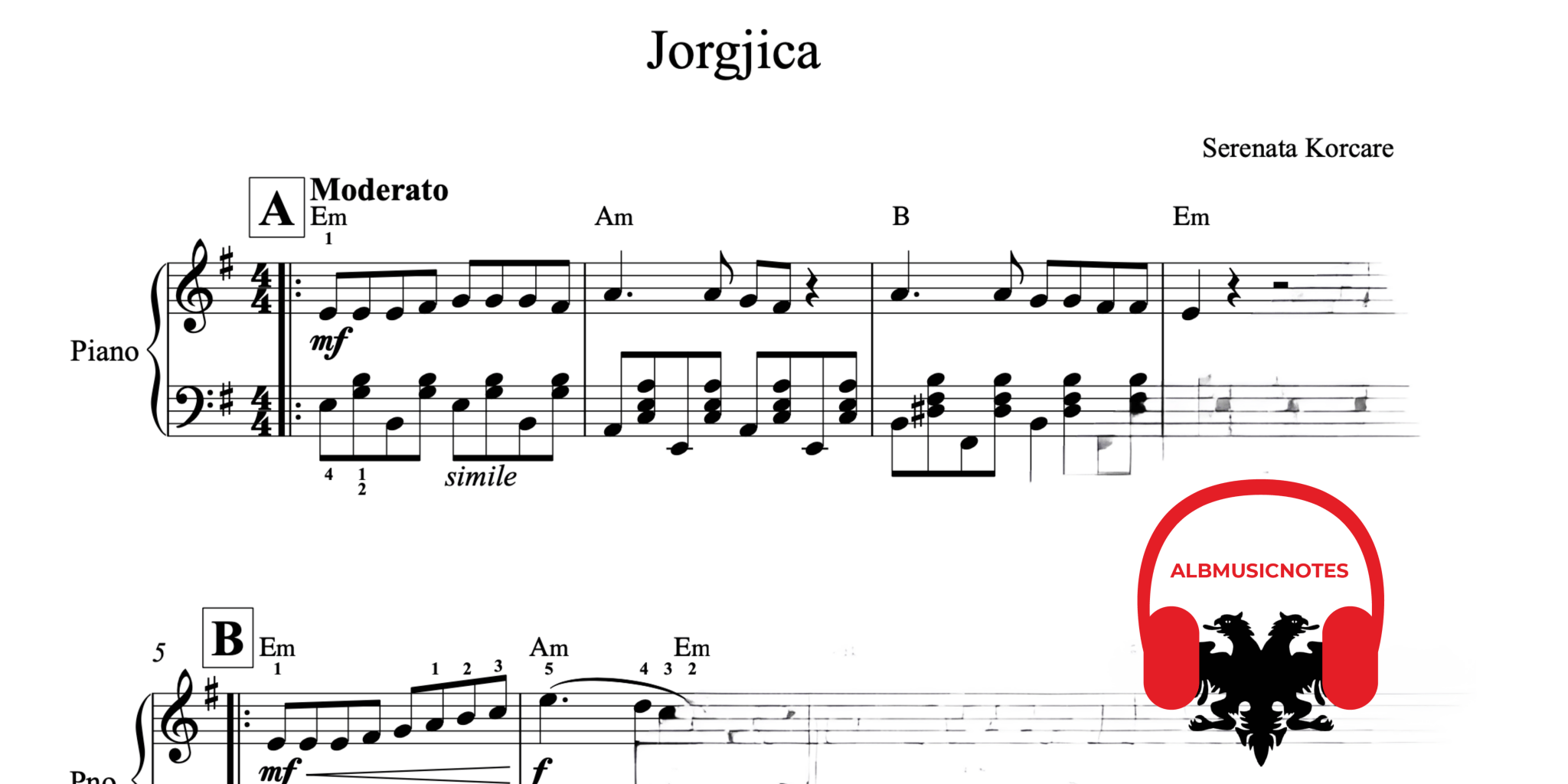 Jorgjica, Piano sheet + chords - Alb Music Notes